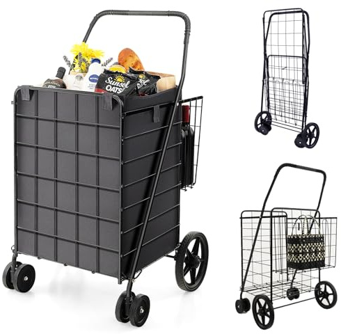 COSTWAYCarro Plegable con 2 Cestas, Compra 4 Cuedas, Forro Oxford Impermeable, 120 L, Metal, Asa Antideslizante, Soporta hasta 40 kg para Supermercado