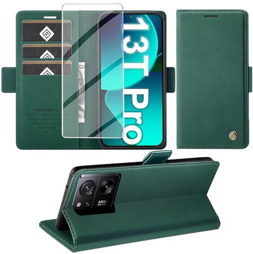 Giyer Handyhülle für Xiaomi 13T/13T Pro Hülle mit Schutzfolie, Schutzhülle 13T Pro 5G PU Leder Wallet Flip Case Ständer Kartenfach Klapphülle für Xiaomi 13T Pro/13T Tache Full Cover (Grün)