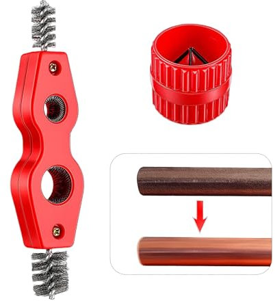 USHXVG 2-Piece Pipe Deburring Tool, Steel & Stainless Steel Wire, Double Row Knotted Bristles, Red