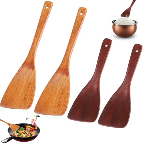 Demarsen Pfannenwender Holz 4er Set Kochlöffel 33 cm Küchenhelfer aus edlem Kirschholz, Robust, Langlebig & Antibakteriell - Holzschaber