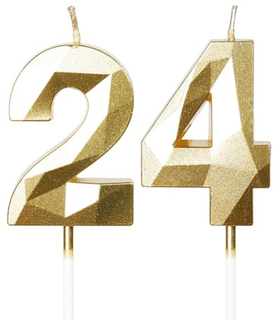 mciskin Gold 24th Birthday Candles, 3D Number 24 Candles for Cake, Girls Boys 24th Birthday Decorations,Pearl Gold Candle Cake Topper Decorations for Birthday Party Weddings Anniversary Supplies