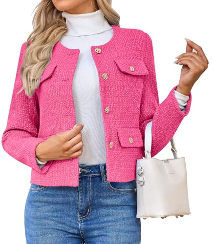 HUEOBIR Women's Tweed Blazers Jackets Casual Long Sleeve Button Down Business Short Casual Cropped Coats(Pink-S