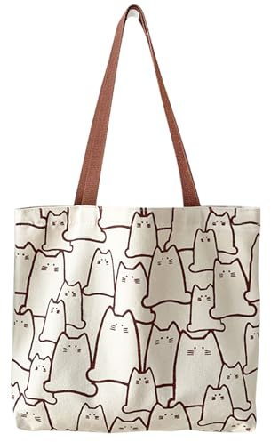 TSHAOUN Sac fourre tout en toile pour chat, tote bag blanc avec fermeture éclair, sac en toile, sac de courses réutilisable en coton avec poche,pour femme comme cadeau
