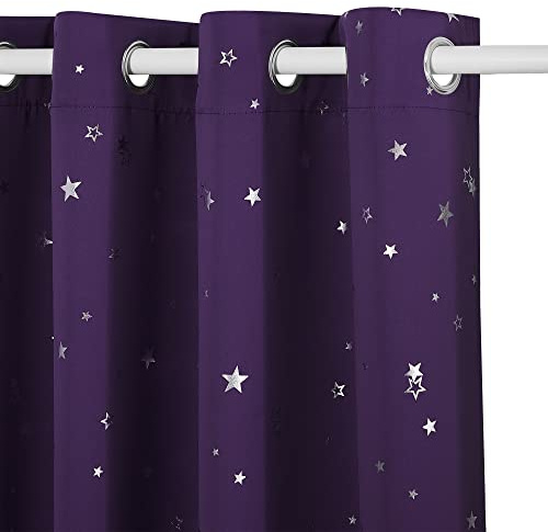 PONY DANCE Star Foil Printed Kids Curtains, Purple, 46x54 Inch | Eyelet Blackout Girls Curtains for Nursery & Bedroom, Thermal Insulated & Noise Reducing, Privacy Protected, 2 Panels