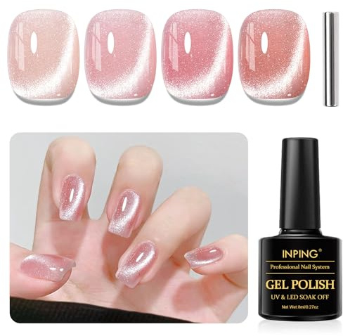 INPING Smalto Semipermanente Unghie Magnetico, 4 Colori Glitter Rosa Cristalli Cat Eye Smalti Semipermanenti per Unghie con Magnete, Smalto Unghie Soak Off UV/LED, 8 ML