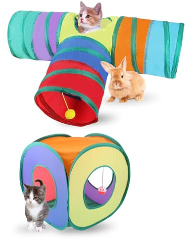 2 PCS Rainbow Cat Tunnel, 3-Way and Cube Foldable Pet Play Tunnel Pop Up Cat Tunnels Interactive Cats Tunnels for Pet Puppy Kitten Rabbit Rolling Channel
