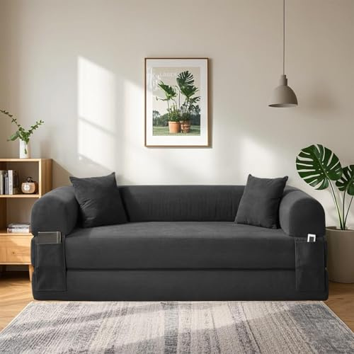 BMMB Divano da pavimento con funzione di sonno, 203 cm, divano a 3 posti, pieghevole, con 2 cuscini, moderno divano pieghevole per soggiorno, camera da letto (grigio scuro, queen)