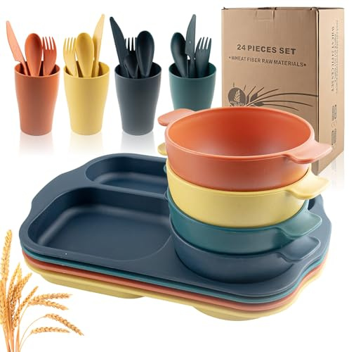 QUYLIXX 24 Pcs Wheat Straw Dinnerware Cutlery Sets, Kids Toddlers Divided Plates Unbreakable Bowl Microwave Dishwasher Safe Tableware Cutlery Spoon Knife Fork Cup