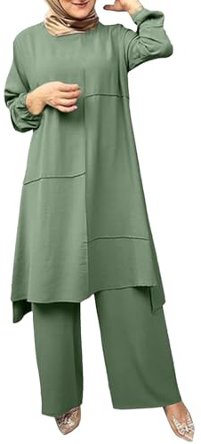 Completo Musulmana Donna 2 Pezzi Cotone Tuta da Donna Elegante Estivi Casual Set Camicia a Maniche lunghe e Pantaloni Completi Palestra Donna Primavera Leggera Comodi Tute Curvy Taglie Forti