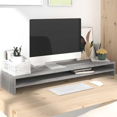 LoogCape monitorstativ, grå, Sonoma, 100 x 24 x 13 cm, höjdjusterbart för kontor, spel, vardagsrum med hylla, universell VESA-montering, vridbar, lutbar, utdragbar, vridbar