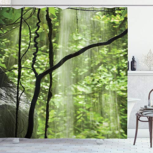 ABAKUHAUS Landschaft Duschvorhang, Dschungel-Wasserfall Baum, Stoffliches Gewebe Badezimmerdekorationsset mit Haken, 175 x 220 cm, Grün und Braun