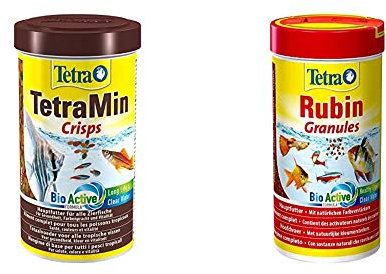 TetraMin Crisps Hauptfutter für alle tropischen Zierfische mit hohem Nährwert und minimaler Wasserbelastung, 500 ml & Rubin, Hauptfutter in Granulatform mit natürlichen Farbverstärkern, 250 ml Dose