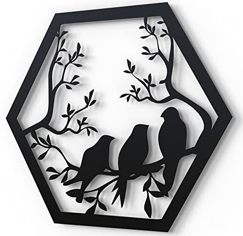 JustComfy Wanddeko aus Metall | 37x32cm | Wand Dekor aus schwarzem Metall | Metallbilder als moderne Wanddekoration für Wohnzimmer & Flur | Motiv Vögel