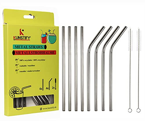 KUNSTIFY 8x Metall Strohhalme inkl. Reinigungsbürsten - Cocktail Zubehör (Farbe: Silber)