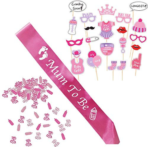 Jonami Decorazioni Festa Nascita Bambina. Fascia Futura Mamma Mum To Be Fucsia + Foto Booth Props Accessori Foto Rosa Divertenti + Coriandoli da Tavolo. Accessori x Battesimo e Baby Shower