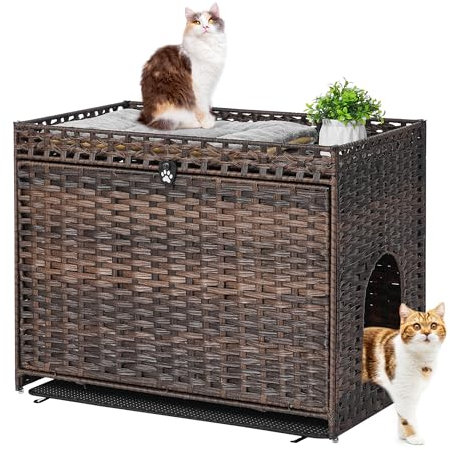Caja de arena para gatos con alfombrilla de arena suave; muebles ocultos para baño para gatos con puerta; casa de ratán tejida a mano con gran espacio; caja para mascotas para sala de estar,