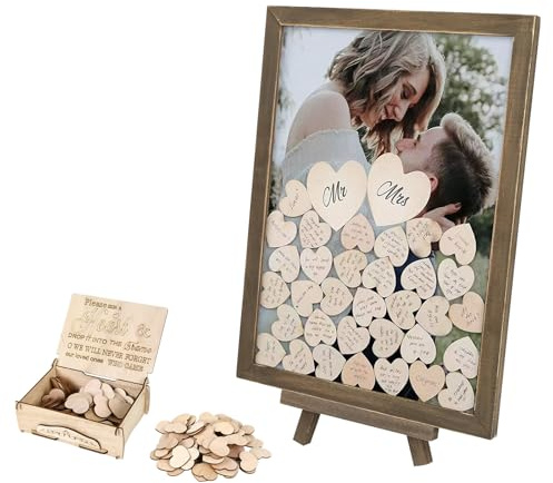 IGTOPS Libro degli ospiti per matrimonio in legno, con cornice portafoto, 100 cuori in legno da scrivere e 2 pennarelli, set per matrimoni, compleanni e baby shower