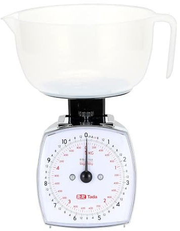 Tada Bilancia da cucina analogica con quadrante meccanico da 5 kg, tazza di misurazione rimovibile, funzione tara, adatta alla cucina