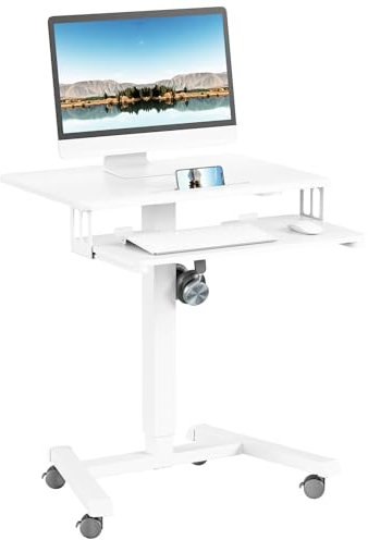 ERGOMAKER Höhenverstellbarer Schreibtisch Stehpult mit Tastaturablage, 65×45cm Mobile Laptoptisch, Überbett-Tisch Weiß, Stehtisch Schreibtischaufsatz mit Rädern, Computertisch für Schlafzimmer, Büro