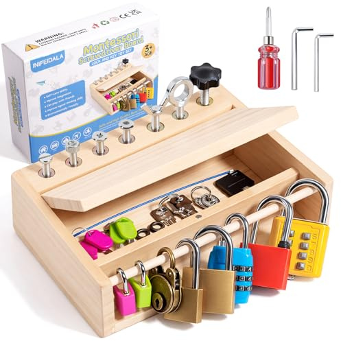 INIFEIDALA Montessori Toys for 3 4 5 Year Old,Montessori Screwdriver Board Set-Lock and Key Toy,Kids Tool Set,Preschool Learning Sensory Activities - Fine Motor Skills - STEM Toys