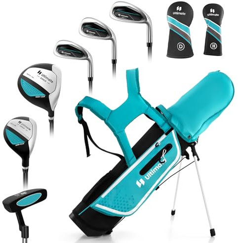 GYMAX Komplettes Golfschläger Set, Komplettsatz mit Golftasche & Regenhaube, inkl. 1 Driver, 5er Hybrid mit Schlägerhauben, 7er-, 9er-, S-Eisen & Putter, Golf Set für Kinder 11–13 Jahren(Blau)