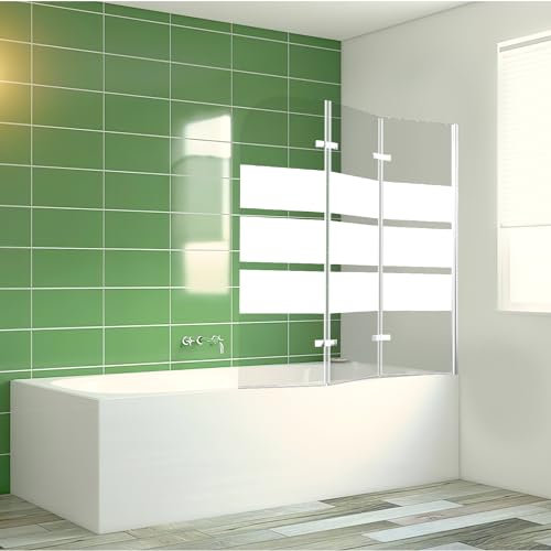 Daromigo Duschwand für Badewanne, 120x140cm 3-Teilig Faltbar Duschwand Badewanne,mit 6mm ESG Sicherheitsglas,Badewannen Duschwand Weiße Streifen,Glas Badewannenwand mit Badewannenaufsatz