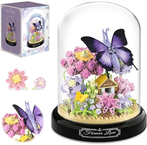 Chingcoo Violette Schmetterlinge，582 PCS Micro Mini Baustein Set, Blumen Insekten Klemmbausteine mit Staubdichter Kuppel und Sockel