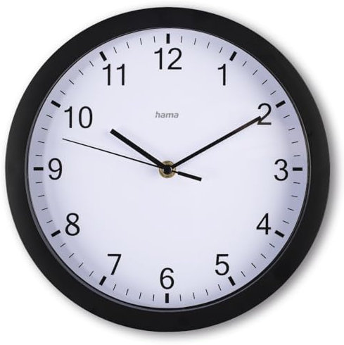 Hama Horloge Murale Elba (Pendule Murale sans tic-tac, Horloge à Quartz silencieuse, Ø 25 cm, Horloge analogique, Aiguilles des Heures, Minutes et Secondes, Couvercle en Verre, Pile Incluse) Noir