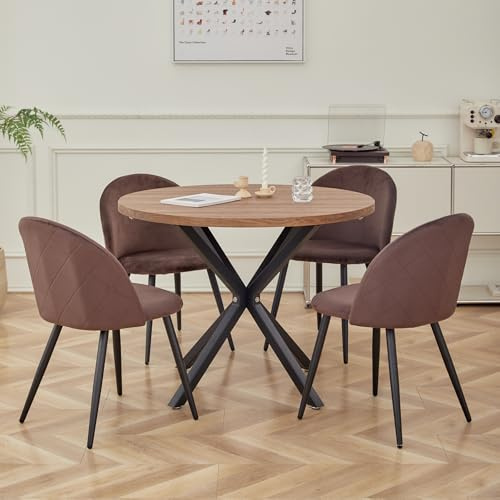 DEYARNA HOME Matgrupp set bord och stolar, matbord och 4 stolar, sammetsmatstolar, bordsskiva av MDF, svarta bordsben, modernt köksbordsset (mörk träfärg/brun, 100 x 100 x 76,5 cm)