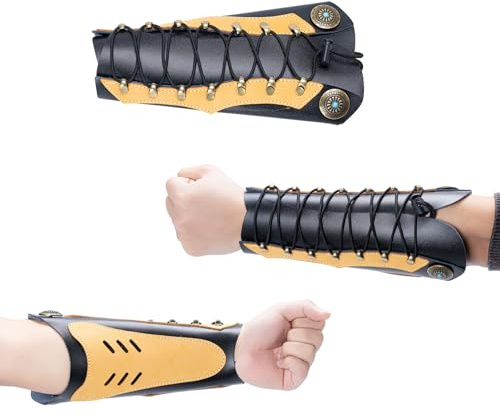 Prespollw Handmade Leather Arm Guard & Shooting Glove - Adjustable Wristband Protector for Hunting & Archery - Unisex Medieval Style Bracer (Brown)