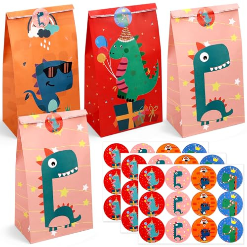 Tatxmalv 24 bolsas de papel con diseño de dinosaurios, para cumpleaños infantiles, con 36 pegatinas para cumpleaños infantiles, 24 x 13 x 8 cm, pequeñas bolsas de regalo, embalaje de regalos