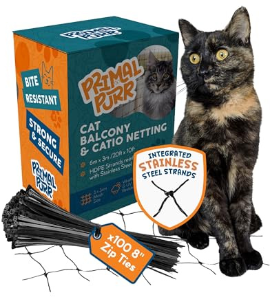 PRIMAL PURR Steel Reinforced Cat Netting for Balcony - Cat Net for Catio – Safety Netting for Pets - Animal Proof Screen - Strong Pet Net – Kitten Balcony Protection - Barrier for Animals Fence