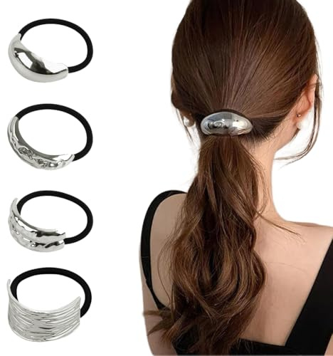 COYUN 4 Pcs Gomas Para El Pelo Pinza Paras Cola De Caballo Puño Metal Plateada Coletas Coleteros Pelo Mujer Gomas El Pelo Punk, Elástica Accesorios Pelo Mujer, Para Accesorios De Cabello Finos