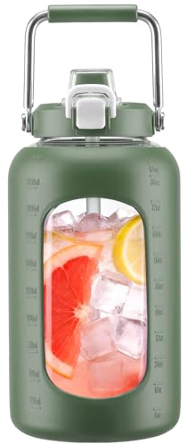 WINSA 84 oz Glass Water Bottles with Straw, 2.5 Liter Gallon Drinking Bottle with Handle, Large Glass Water Jug with Silicone Sleeve for Gym Sports,Wide Mouth,Olive
