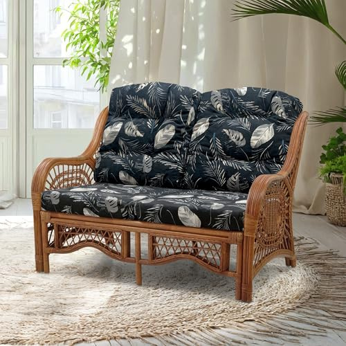 Malibu Lounge Loveseat Sofa Natural Rattan Wicker Handmade Design, Colonial Color with Black Leaf Cushions