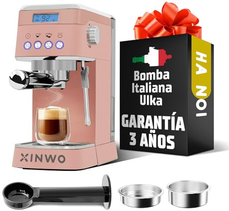 XINWO Cafetera Hanoi - Cafetera Express para Espresso y Cappuccino, 1350W, 20 Bares, Vaporizador, Brazo Portafiltros con Doble salida y 2 Filtros, Depósito Agua 1.2L, Calientatazas, Accesorios - Moca