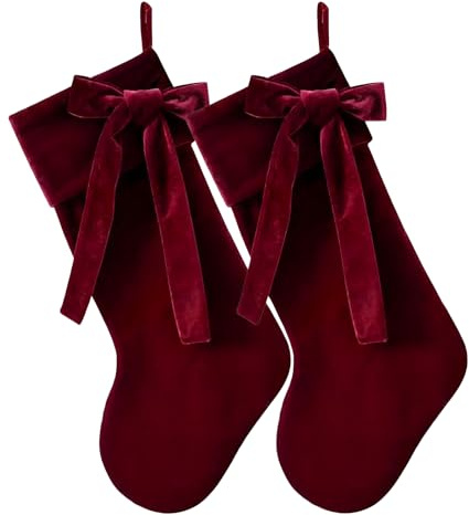 Red-Velvet Christmas Stocking with Bow - 2 Pack Soft Plush Christmas Stockings | 19 Inch Large Red Green Stocking Holiday Ornament for X'mas Tree, Fireplace, Mantel, Family Party Decoration