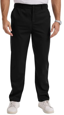 LVCBL Pantalon Chino Homme Regular Fit Stretch Tissu Léger Effet Lin Décontracté Travail Bureau Taille Élastique Noir XL