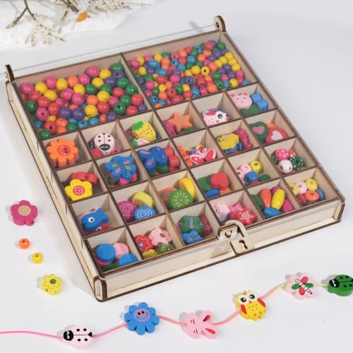 ARTREE Lot de 440 perles en bois à enfiler - Pour loisirs créatifs - Colorées - Pour enfants, fleurs, papillons et animaux - Perles avec trou pour bracelets et colliers - Cadeau pour filles à partir