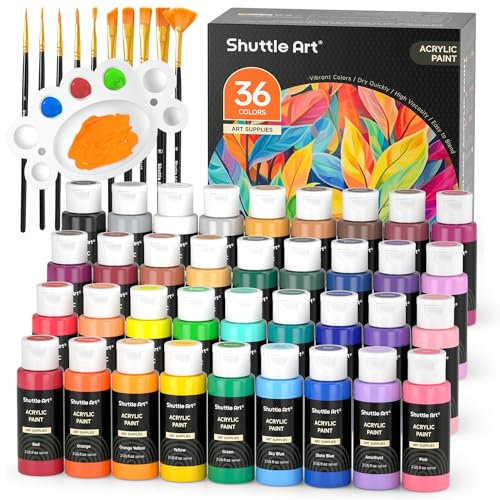 Shuttle Art 49PCS Pintura Acrílica, 36 Colores Acrílico (60 ml) con 12 Pinceles y 1 paleta, Ricamente Pigmentado, Pintura para Tela Lienzo Piedra, Acrilicos para Pintar para Artistas, Principiantes