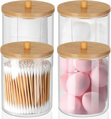 IVEOPPE 4 Stück Wattestäbchen Halter - Wattepads Behälter Box mit Bambusdeckel, Wattestäbchen Aufbewahrung ,Geeignet für Kosmetik- und Pflegeprodukte,Make-up-Pads,Ohrstäbchen,Badesalz,Durchsichtig