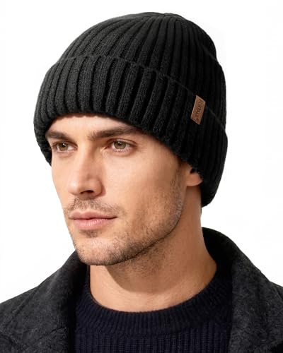 FURTALK Beanie Hat Men Women Fleece Lined Winter Hats Warm Thermal Hat Knit Cuffed Beanie Unisex Plain Skull Cap Black