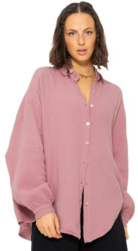 SASSYCLASSY Oversize Musselin Bluse Damen Langarm - Oversized Freizeit Look - Hemdbluse lang aus Baumwolle mit V Ausschnitt - Long-Bluse One Size (Gr. 36-48) Altrosa