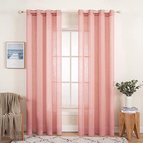 MIULEE 2er Set Voile Vorhang Sheer Leinenvorhang mit Ösen Transparente Leinen Optik Gardine Ösenschal Wohnzimmer Fensterschal Lichtdurchlässig Dekoschal Schlafzimmer 140x245cm (B x H) Rosa