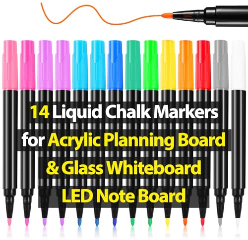Liquid Chalk Markers for LED Drawing Note Board Acrylic Calendar Planning Board Clear Glass Dry Erase Whiteboard Window Mirror Christmas Holidays Painting, 14 Pack, 12 Vibrant Colors, 1mm Fine Points