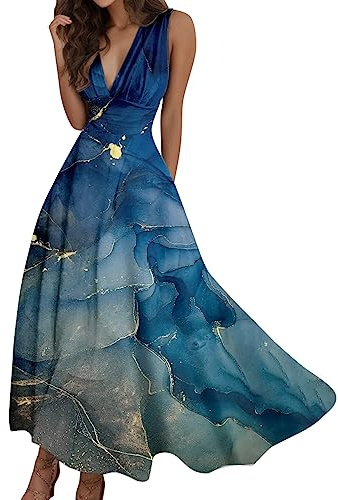 Abito estivo da donna con scollo a V profondo Formale senza maniche Abito lungo con chiusura lampo allentata Abiti Swing da donna Abiti estivi
