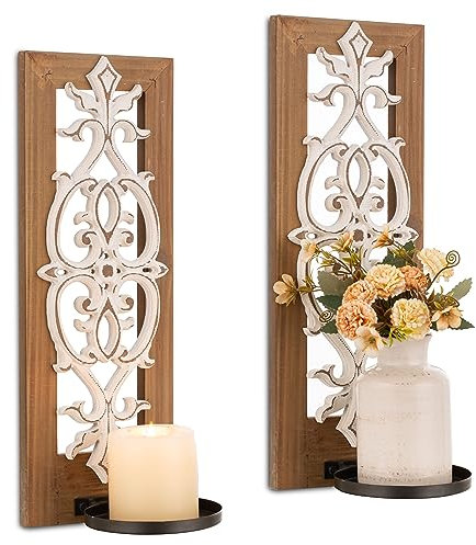 Farmhouse Wood Candle Sconces Wall Decor - Set of 2 Walasis Rustic Wall Candle Holder Decorative Carved Brown Candle Sconce Farmhouse Art Distressed Pillar Candles Holder for Fireplace Decor