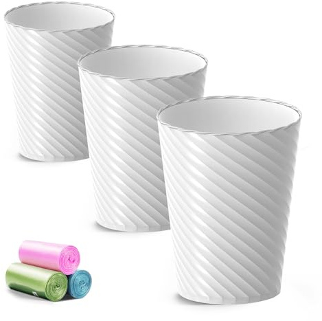 Bathroom Trash Can, 3 Pack 1.8 Gallons Small Trash Can with Trash Bags, Bathroom Garbage Can, Plastic Trash Bin, Round Waste Basket for Living Room, Bedroom, Office, Kitchen, Compact Space (White)