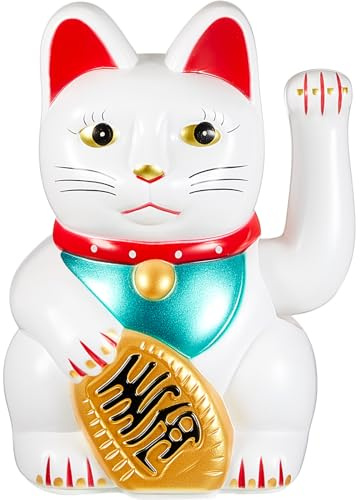 Chunful 6 Inch Lucky Cat Waving Arm Maneki Neko Lucky Beckoning Feng Shui Wealth Cat for Welcoming Fortune Wealth Prosperity Decoration, Battery Not Included(White Color)