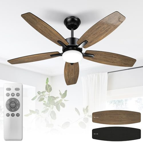 Mefine Ventilatore da Soffitto con Luce e Telecomando Silenzioso, 106cm Dimmerabile Lampada Ventilatore da Soffitto con 5 Pale Doppie, Effetto Legno/Nero per Camera da Letto, Soggiorno